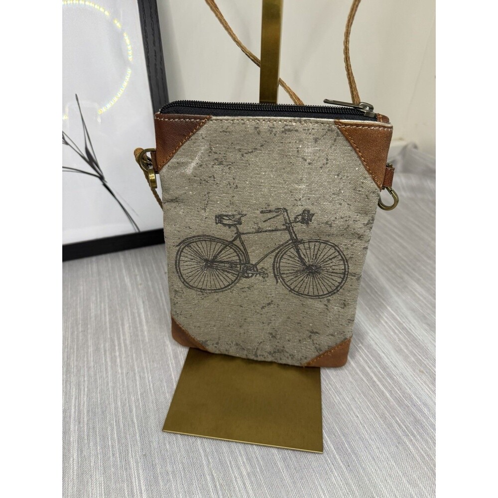 Mona B Recycled Canvas & Leather Upcycled Crossbody 1889 Bicycle Theme